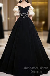 Black Velvet Floor Length Semi Formal Prom Dress, Off The Shoulder A-Line Evening Party Dress