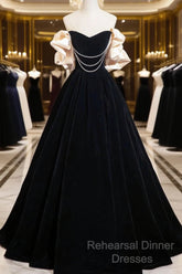 Black Velvet Long A-Line Semi Formal Prom Dress, Off The Shoulder Evening Party Dress