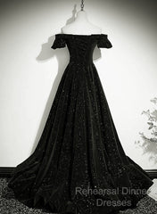 Black Velvet Off Shoulder A-Line Long Semi Formal Prom Dress, Black Simple Wedding Party Dress