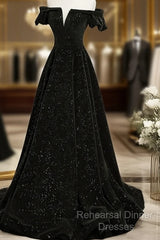 Black Velvet Off Shoulder A-Line Long Semi Formal Prom Dress, Black Simple Wedding Party Dress