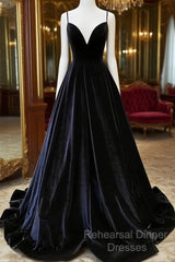 Black Velvet Straps V-Neckline Long Party Dress, A-Line Velvet Semi Formal Prom Dress