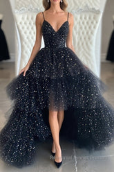 Bling Bling V Neck High Low Black Long Semi Formal Prom Dresses, Fluffy Black Formal Evening Dresses, Ball Gown