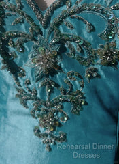 Blue A-Line Spaghetti Straps Satin Beaded Long Semi Formal Prom Dress Sweetheart Neck Applique Graduation Semi Formal Prom Dress