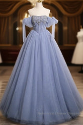 Blue A-Line Tulle Beads Long Semi Formal Prom Dress, Blue Long Formal Dress