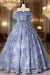 Blue A-Line Tulle Lace Long Semi Formal Prom Dress, Blue Formal Graduation Dress