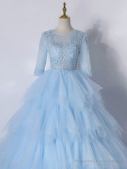 Blue A-Line Tulle Lace Long Prom Dress, Blue Lace Formal Evening Dresses