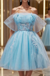 Blue A-line Tulle Short Semi Formal Prom Dresses, Blue Homecoming Dresses