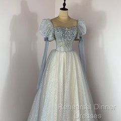 Blue And Champagne Tulle Beaded Shiny Tulle Semi Formal Prom Dresses, A-Line Long Party Dresses