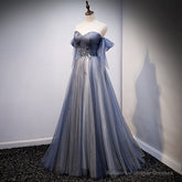 Blue and Grey Tulle Long Sweetheart Party Dress, Tulle A-line Formal Dress