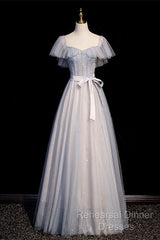 Blue And Pink Beaded Tulle Lovely A-Line Long Party Dress, Tulle Evening Dresses Semi Formal Prom Dresses