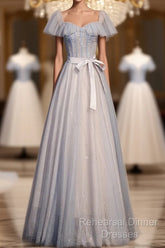 Blue And Pink Beaded Tulle Lovely A-Line Long Party Dress, Tulle Evening Dresses Semi Formal Prom Dresses