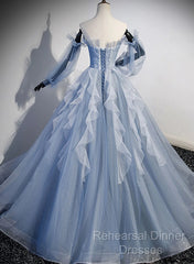 Blue Ball Gown Long Sleeves Beaded Party Dress, Blue Semi Formal Prom Dress Sweet 16 Dress