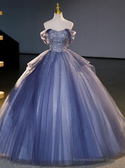 Blue Ball Gown Tulle Sequins Beading Quinceanera Dress