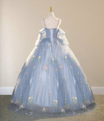 Blue Ball Gown with Scattered Little Flower Prom Dress