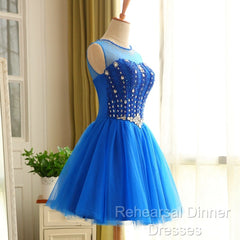 Blue Beaded Tulle Short Cute Homecoming Dress, Blue Short Party Dress Semi Formal Prom Dress