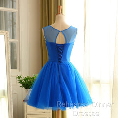 Blue Beaded Tulle Short Cute Homecoming Dress, Blue Short Party Dress Semi Formal Prom Dress