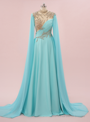 Blue Chiffon Beading High Neck Prom Dress