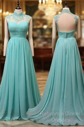Blue Chiffon Lace And Beaded Cap Sleeves Semi Formal Prom Party Dress, A-Line Chiffon Formal Dress