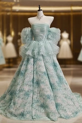 Blue Floral A-Line Strapless Organza Long Semi Formal Prom Dress Graduation Semi Formal Prom Dress