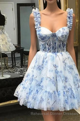 Blue Floral Printed Spaghetti Straps A-Line Short Corset Homecoming Dress
