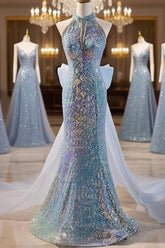 Blue Halter Beading Sequin Mermaid Semi Formal Prom Dress With Detachable Bow