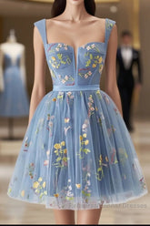 Blue Knee Length Tulle Party Dress, Cute Blue Floral Tulle Homecoming Dress