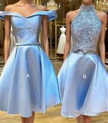 Blue lace satin short Semi Formal Prom Dresses, blue homecoming Dresses