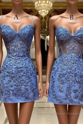 Blue Lace Short Semi Formal Prom Dresses, Blue Homecoming Dresses