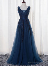 Blue Long A-line Bridesmaid Dress, Dark Blue Tulle Party Dress