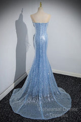 Blue Mermaid Sequin Sheer Straps Scalloped Long Semi Formal Prom Dress