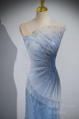 Blue Mermaid Sequin Sheer Straps Scalloped Long Semi Formal Prom Dress