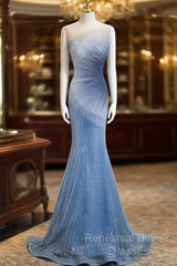 Blue Mermaid Sequin Sheer Straps Scalloped Long Semi Formal Prom Dress