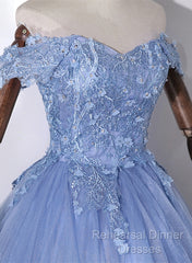Blue Off Shoulder Tulle Party Dress With Lace, Long Formal Dress Sweet 16 Dress