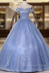 Blue Off Shoulder Tulle Party Dress With Lace, Long Formal Dress Sweet 16 Dress