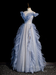 Blue Off Shoulder Tulle Sequin Beading Long Semi Formal Prom Dress, Blue Formal Dress