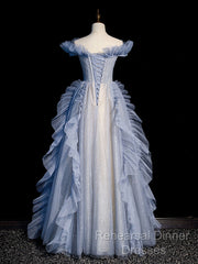 Blue Off Shoulder Tulle Sequin Beading Long Semi Formal Prom Dress, Blue Formal Dress