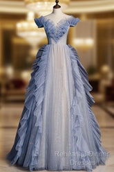 Blue Off Shoulder Tulle Sequin Beading Long Semi Formal Prom Dress, Blue Formal Dress