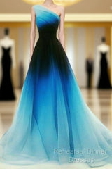 Blue Ombre One Shoulder Ruched Semi Formal Prom Dress