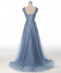 Blue round neck tulle lace applique long Semi Formal Prom Dresses, blue evening Dresses