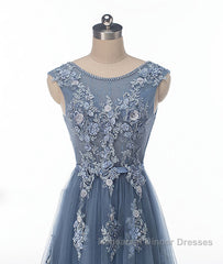 Blue round neck tulle lace applique long Semi Formal Prom Dresses, blue evening Dresses