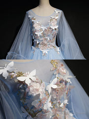 Blue Round Neck Tulle Lace Long Prom Dresses, Blue Sweet 16 Dresses