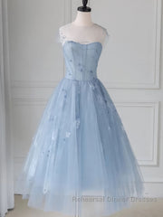 Blue round neck tulle lace short Semi Formal Prom Dresses, blue homecoming Dresses