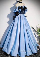 Blue Satin A-Line Long Semi Formal Prom Dress With Black Bow, Off The Shoulder Blue Long Party Dress