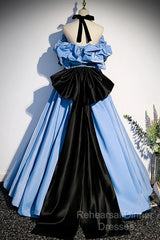 Blue Satin A-Line Long Semi Formal Prom Dress With Black Bow, Off The Shoulder Blue Long Party Dress