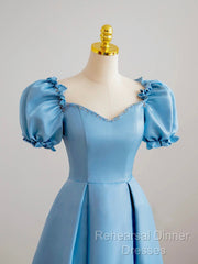 Blue Satin Beaded Floor Length Semi Formal Prom Dress, Blue A-Line Short Sleeve Evening Dress