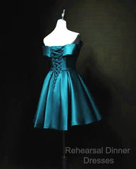 Blue Satin Cute Knee Length Short Semi Formal Prom Dress Homecoming Dress, Off Shoulder Formal Dress