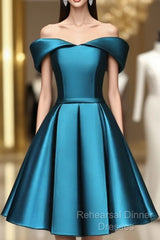 Blue Satin Cute Knee Length Short Semi Formal Prom Dress Homecoming Dress, Off Shoulder Formal Dress