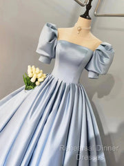 Blue Satin Floor Length Semi Formal Prom Dress, A-Line Short Sleeve Evening Party Dress