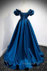 Blue Satin Long Off Shoulder A-Line Semi Formal Prom Dress, Blue Sweetheart Evening Dress
