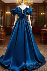 Blue Satin Long Off Shoulder A-Line Semi Formal Prom Dress, Blue Sweetheart Evening Dress